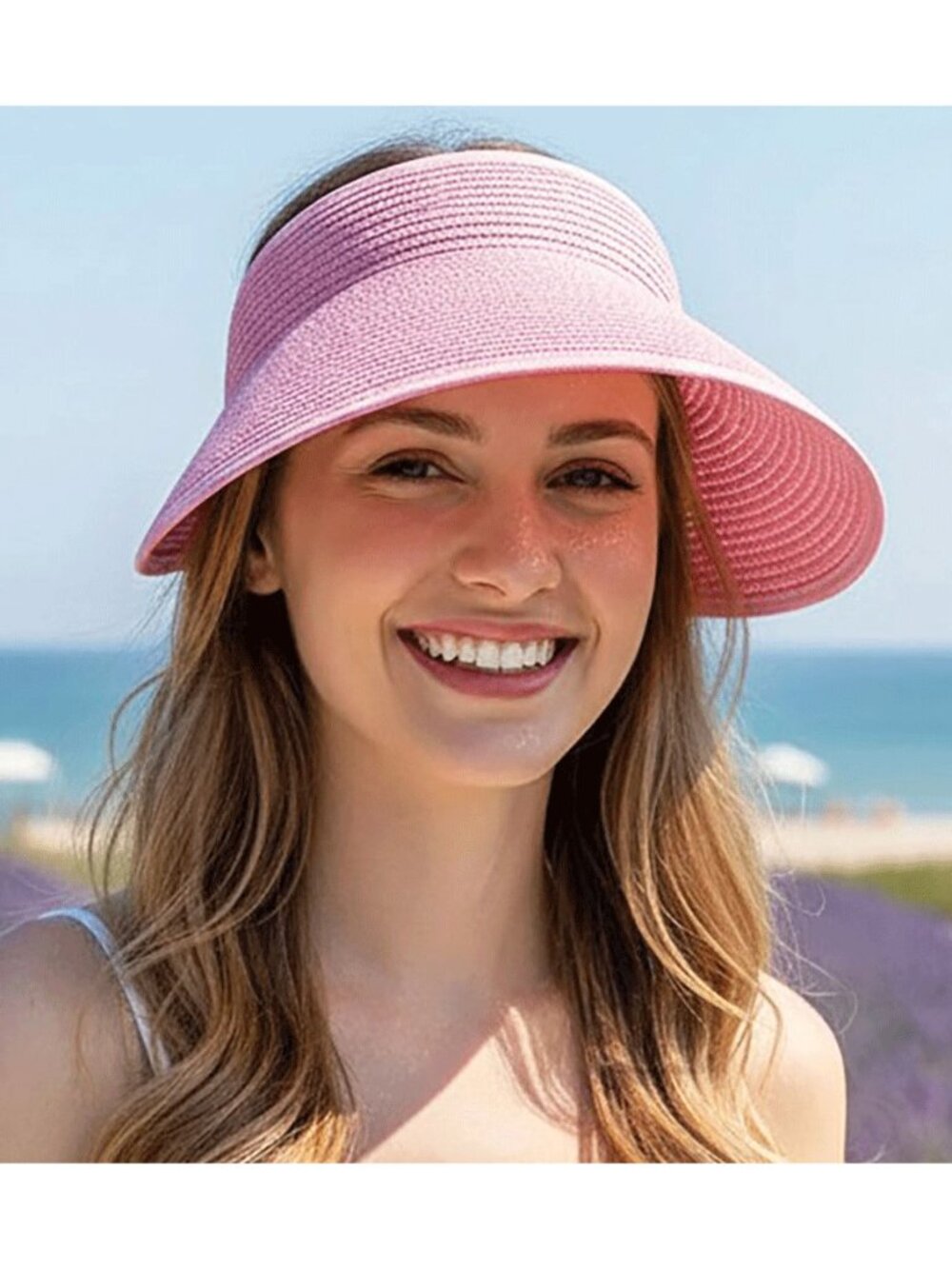 Tigerstars Pink Wide Brim Straw Roll-Up Sun Visor Hat